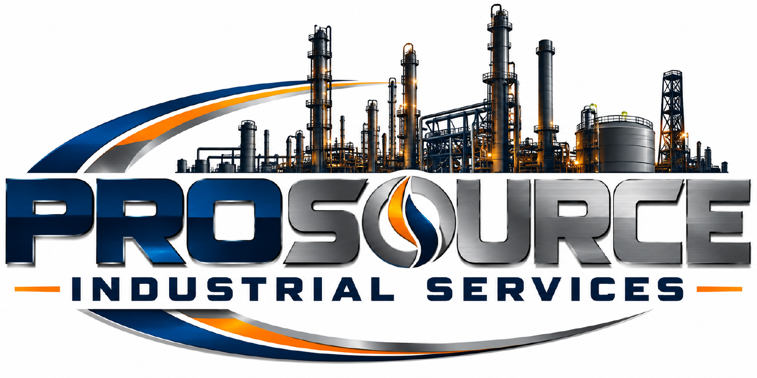 PROSOURCE Industrial Services logo with refinery silhouette, navy and metallic silver lettering, and orange accents